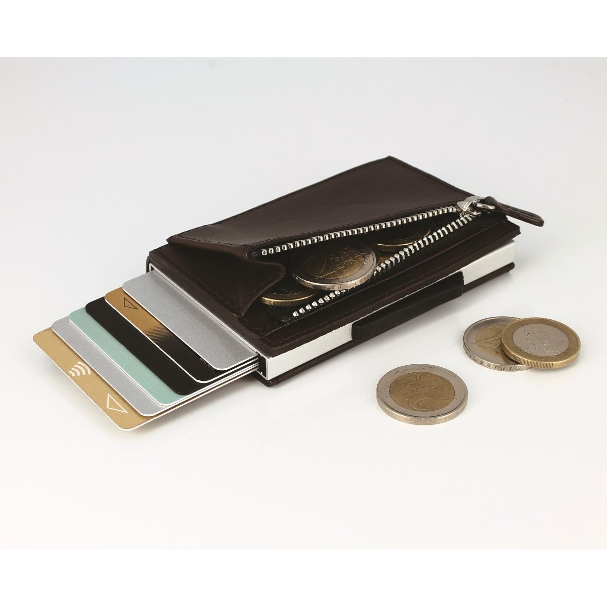 OGON Cascade Card Case Wallet With Zipper - Dark Brown